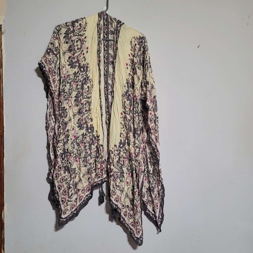 Womens Kimono Top Butter Yellow Cream Paisley gray Pink Boho‎ Swim Coverup XL
